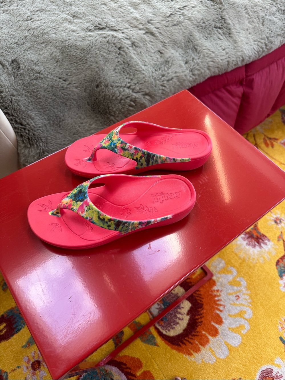 Alegria Hot Pink Flip Flop Sandals with Multicolor Floral Straps